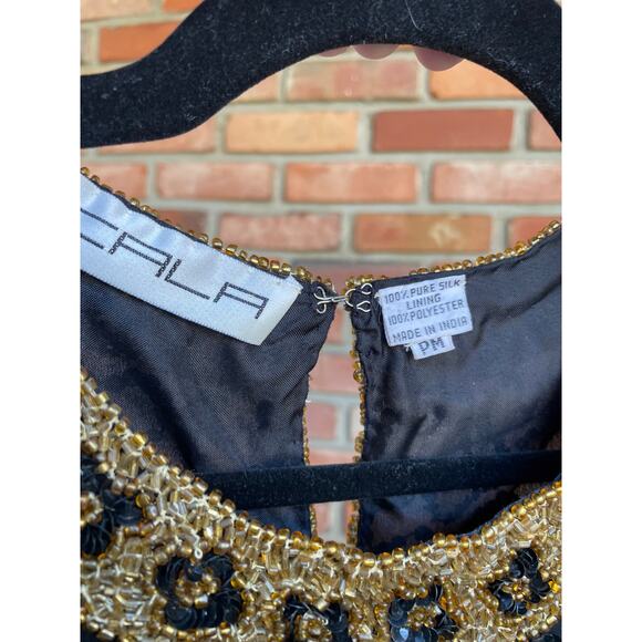 Vintage, Scala, 100% Silk Blouse, Fully Beaded & Sequins, Black, Petite Medium - Picture 3 of 8